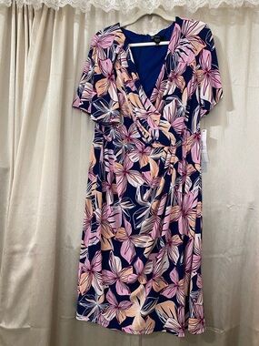 Maggy London Floral Wrap Dress Size 14W NWT Navy Pink Midi Flutter Sleeve